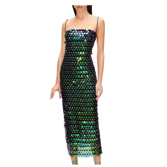 BLTIBY Women Sequin Dress Solid Color Sparkly Glitter Spaghetti Strap Sleeveless Long Fashion Party Night Out Club Fashion Dresses 2025 Army Green S