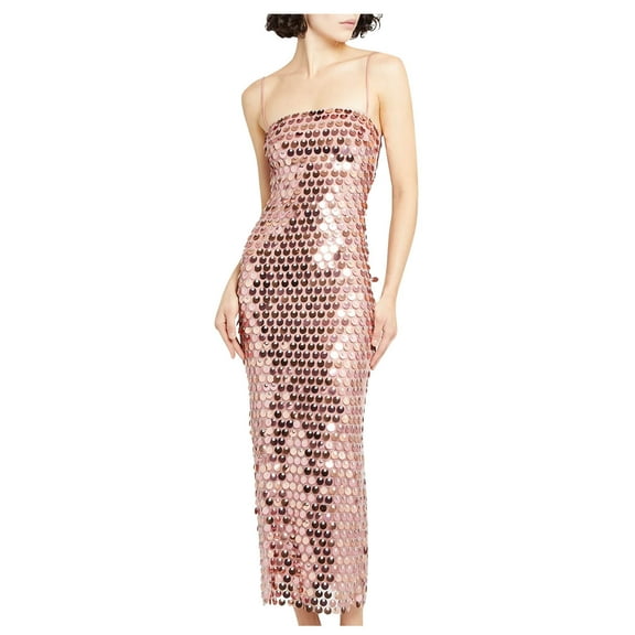 BLTIBY Women Sequin Dress Solid Color Sparkly Glitter Spaghetti Strap Sleeveless Long Fashion Party Night Out Club Fashion Dresses 2025 Rose Gold L