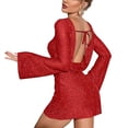 thumbnail image 1 of BLTIBY Women Sequin Evening Dress Hip Wrap Ruched Waist Long Sleeve Backless Glitter Cocktail Party Slim Formal Gowns Fashion Clothing Red XXL, 1 of 9