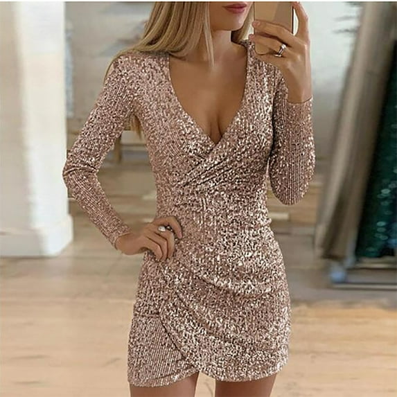 BLTIBY Women Sequin Evening Dress Hip Wrap Ruched Waist V-Neck Long Sleeve Glitter Cocktail Party Slim Formal Gowns with High Split Pink XXL