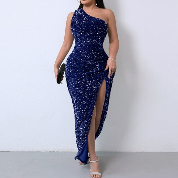 BLTIBY Women Sequin Evening Dress Hip Wrap V-Neck One Shoulder Ruched Waist Sleeveless Glitter Cocktail Party Slim Fit Formal Gowns with High Split Blue L