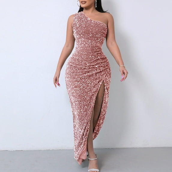 BLTIBY Women Sequin Evening Dress Hip Wrap V-Neck One Shoulder Ruched Waist Sleeveless Glitter Cocktail Party Slim Fit Formal Gowns with High Split Pink L