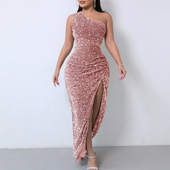 BLTIBY Women Sequin Evening Dress Hip Wrap V-Neck One Shoulder Ruched Waist Sleeveless Glitter Cocktail Party Slim Fit Formal Gowns with High Split Pink L