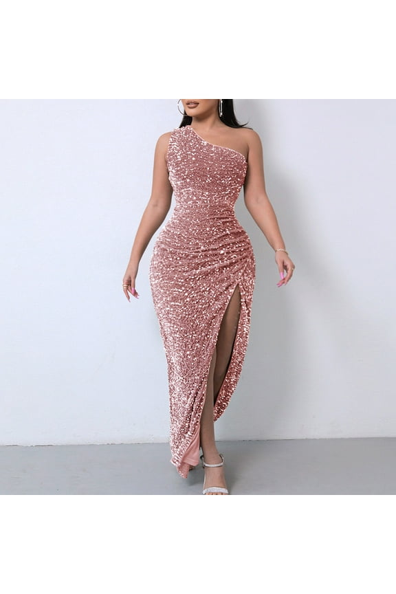 Women Sequin Evening Dress Hip Wrap V-Neck One Shoulder Ruched Waist Sleeveless Glitter Cocktail Party Slim Fit Formal Gowns with High Split Pink XL