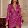 thumbnail image 1 of BLTIBY Women Sequin Evening Dress Hip Wrap V-Neck Ruched Waist Long Sleeve Glitter Cocktail Party Short Slim Formal Gown with Belt Hot Pink S, 1 of 8
