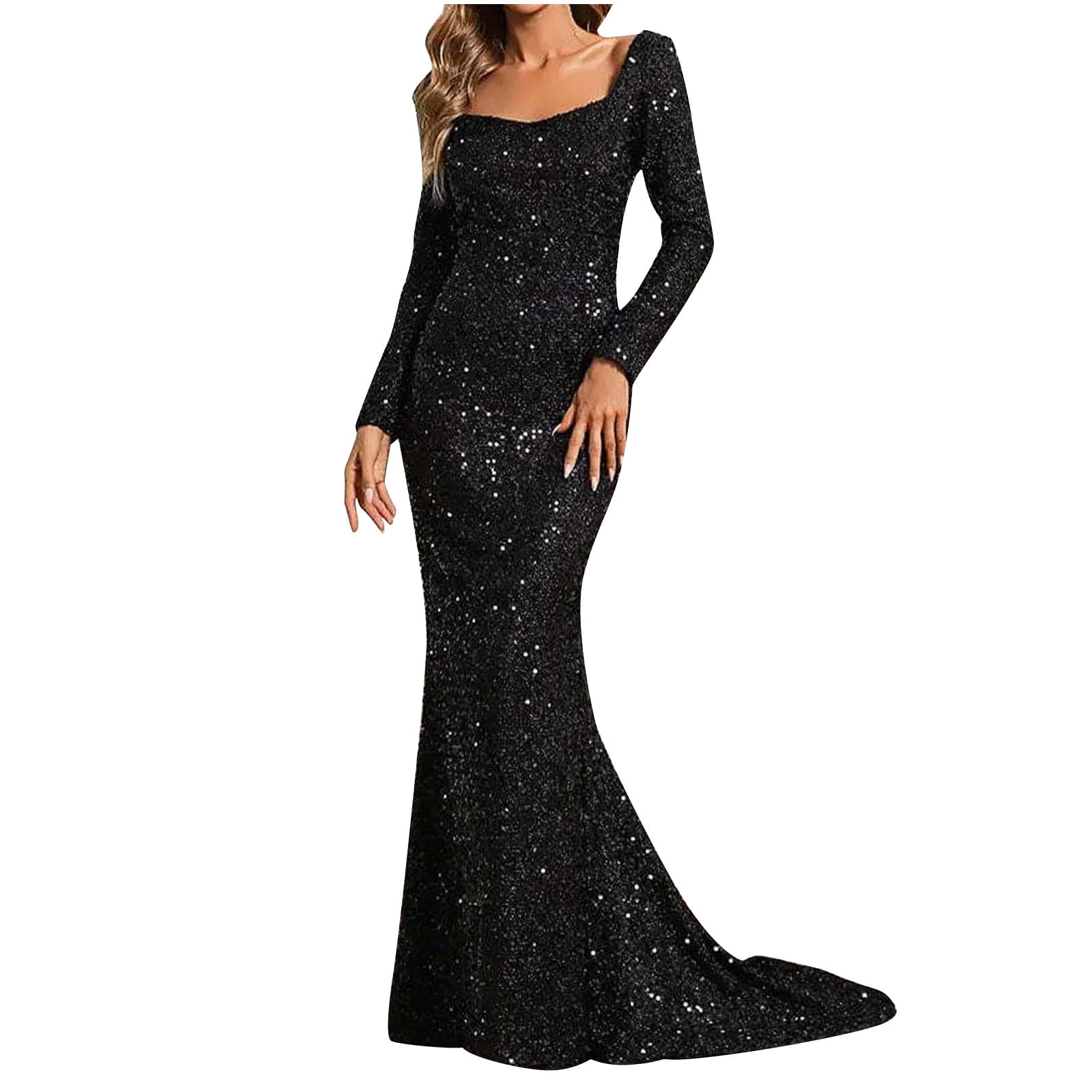 knee length dresses for ladies Galaxy | Black Sequin Turtle-Neck Long-Sleeve Maxi Dress main image 1