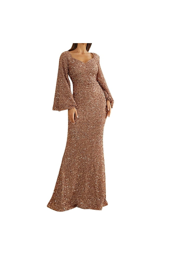 Women Sequin Evening Dress Hip Wrap V-Neck Ruched Waist Long Sleeve Glitter Cocktail Party Slim Fit Formal Gowns Gold L
