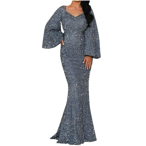 BLTIBY Women Sequin Evening Dress Hip Wrap V-Neck Ruched Waist Long Sleeve Glitter Cocktail Party Slim Fit Formal Gowns Silver XL