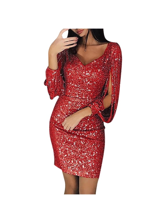Women Sequin Evening Dress Hip Wrap V-Neck Ruched Waist Long Sleeve Glitter Cocktail Party Slim Formal Gowns Fashion Clothing Red L