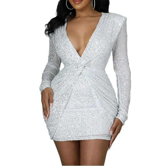 BLTIBY Women Sequin Evening Dress Hip Wrap V-Neck Ruched Waist Long Sleeve Glitter Cocktail Party Slim Formal Gowns Fashion Pleated Dresses White L
