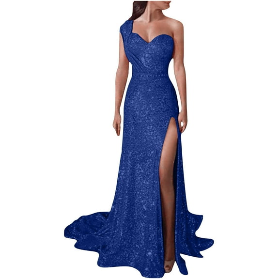 BLTIBY Women Sequin Evening Dress Hip Wrap V-Neck Ruched Waist Sleeveless Glitter Cocktail Party Slim Fit Formal Gowns with High Split Dark Blue XL