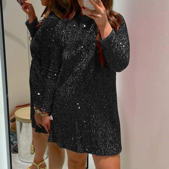 BLTIBY Women Sequin Evening Dress Solid Color Round Neck Loose Long Sleeve Glitter Cocktail Party Short Slim Formal Gown Fashion Black XXL