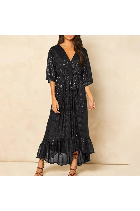 Women Sequin Evening Dress Wrap V-Neck Ruched Waist Tie Up 3/4 Sleeve Glitter Cocktail Party Loose Formal Gowns Long Dresses Black S