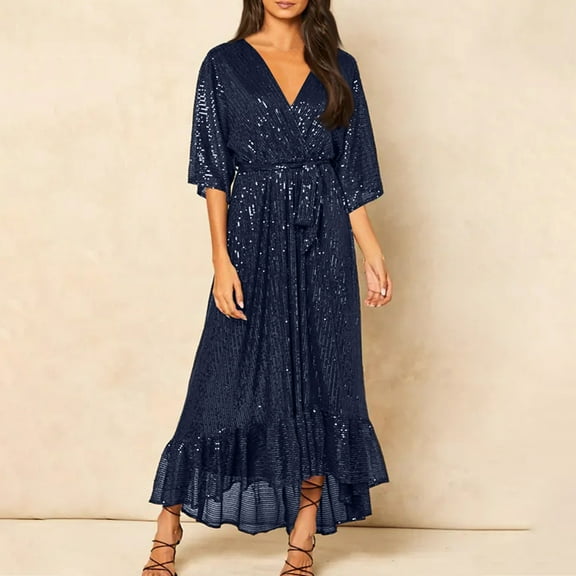 BLTIBY Women Sequin Evening Dress Wrap V-Neck Ruched Waist Tie Up 3/4 Sleeve Glitter Cocktail Party Loose Formal Gowns Long Dresses Dark Blue M