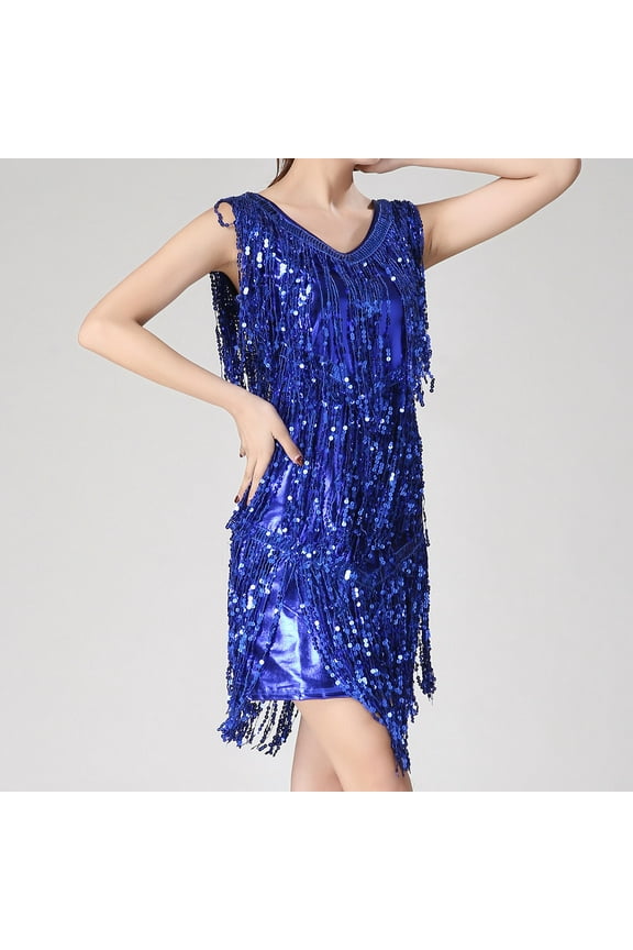 Women Sequin Latin Dress Fringe Sleeveless Ballroom Salsa Cha Cha Cocktail Dance Party Dresses Fashion Costume Dark Blue XL