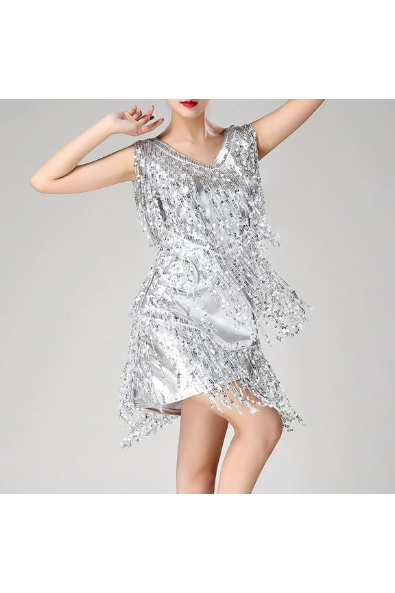 Women Sequin Latin Dress Fringe Sleeveless Ballroom Salsa Cha Cha Cocktail Dance Party Dresses Fashion Costume Silver XXL