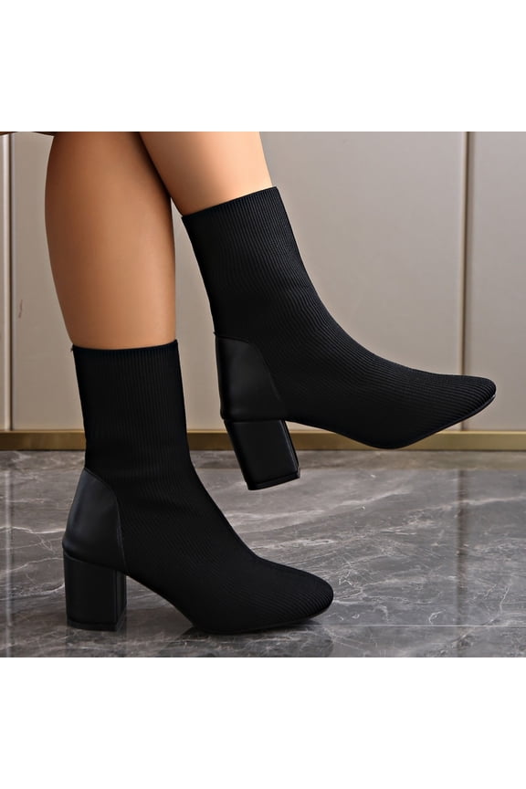 Women Sock Booties Chunky Mid Heeled Non Slip Boots Stretch Knit Slim Fit Pull On Boot Pointed Toe Breathable Casual Shoes Black 37