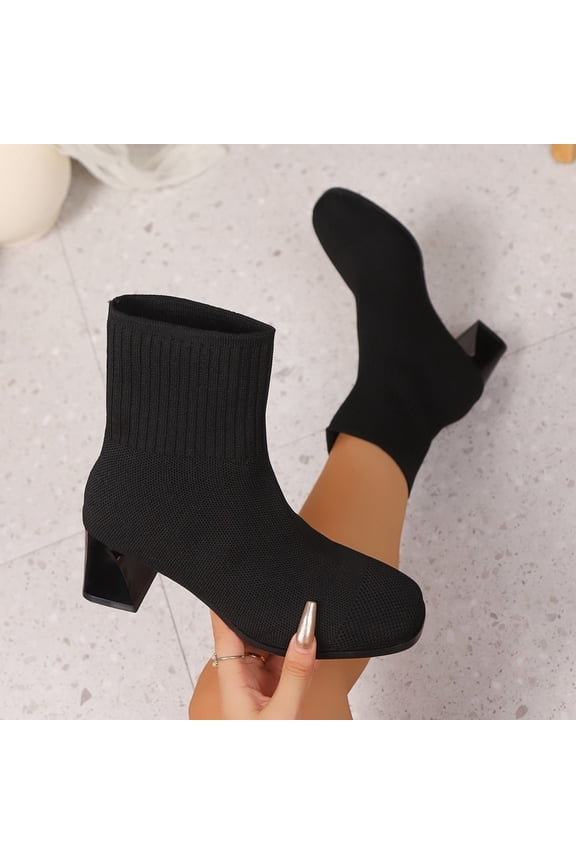 Women Sock Booties Chunky Mid Heeled Non Slip Boots Stretch Knit Slim Fit Pull On Boot Pointed Toe Casual Breathable Shoes Black 41