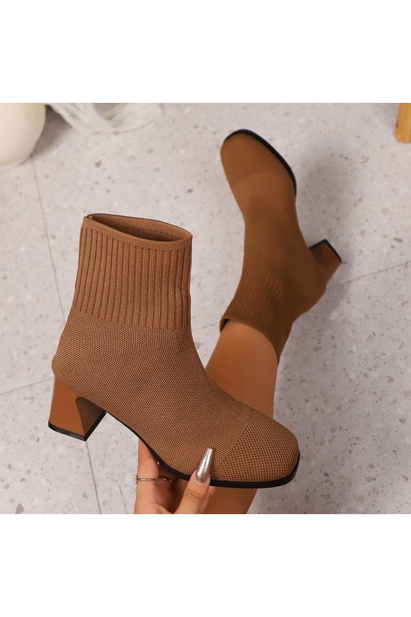 Women Sock Booties Chunky Mid Heeled Non Slip Boots Stretch Knit Slim Fit Pull On Boot Pointed Toe Casual Breathable Shoes Brown 38