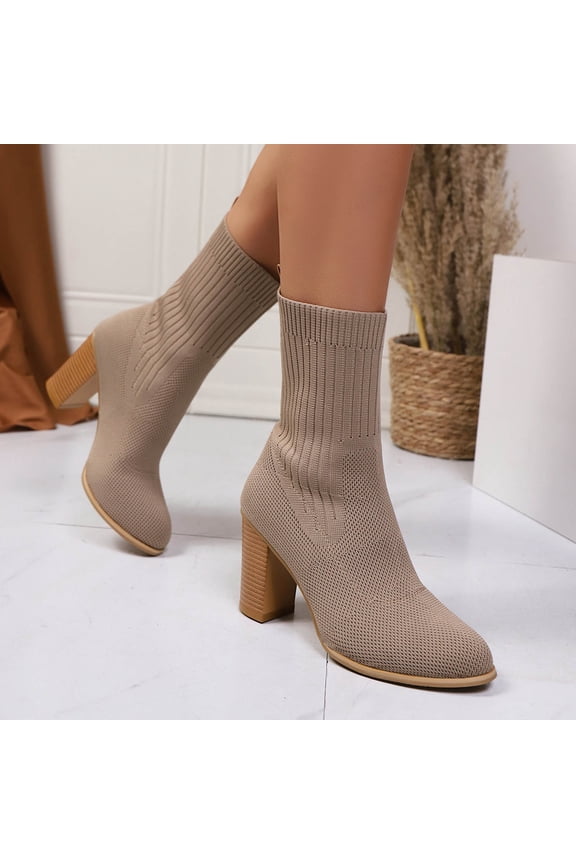 Women Sock Booties Stretch Knit Slim Fit Comfy Boots Chunky High Heel Breathable Boot Soft Pull On Shoes Khaki 40