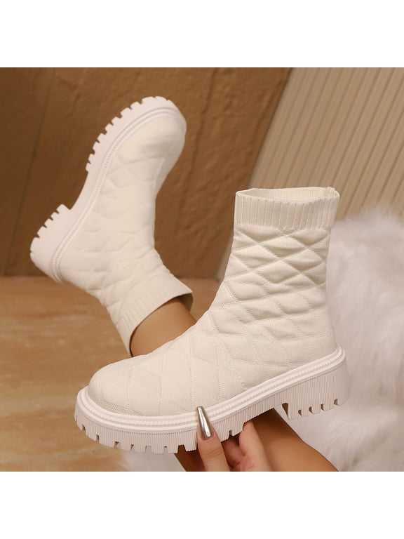 Women Sock Booties Stretch Knit Slim Fit Comfy Boots Chunky Low Heel Breathable Boot Soft Pull On Shoes Beige 39