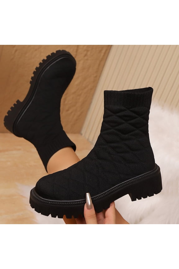Women Sock Booties Stretch Knit Slim Fit Comfy Boots Chunky Low Heel Breathable Boot Soft Pull On Shoes Black 42
