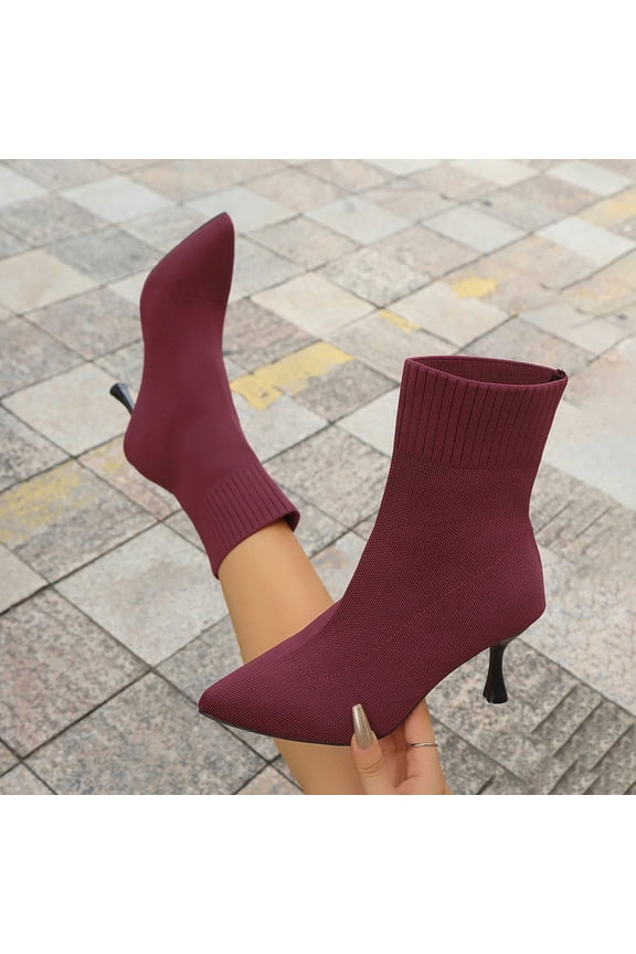 Women Sock Booties Stretch Knit Slim Fit Comfy Boots Chunky Stiletto Breathable Boot Soft Pull On Shoes Wine 36
