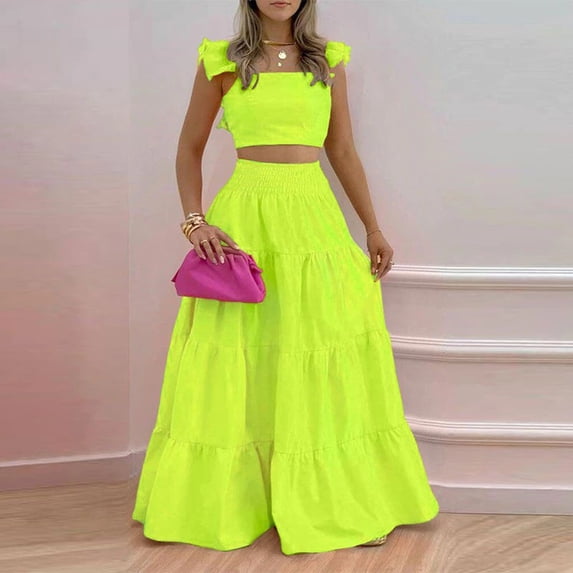 BLTIBY Women Summer 2 Piece Outfits Solid Color Casual Sleeveless Crop Tops High Waisted Long Skirt Sets for Beach Vacation Green XL