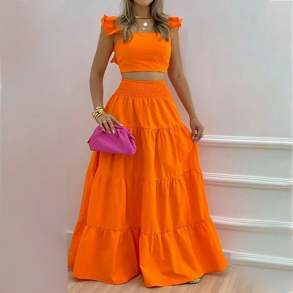 BLTIBY Women Summer 2 Piece Outfits Solid Color Casual Sleeveless Crop Tops High Waisted Long Skirt Sets for Beach Vacation Orange S