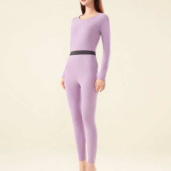 BLTIBY Women Thermal Underwear Set Base Long Sleeve Round Neck Top Pants Pajamas Sets Winter Warm Bottom Sleepwear Purple XXL