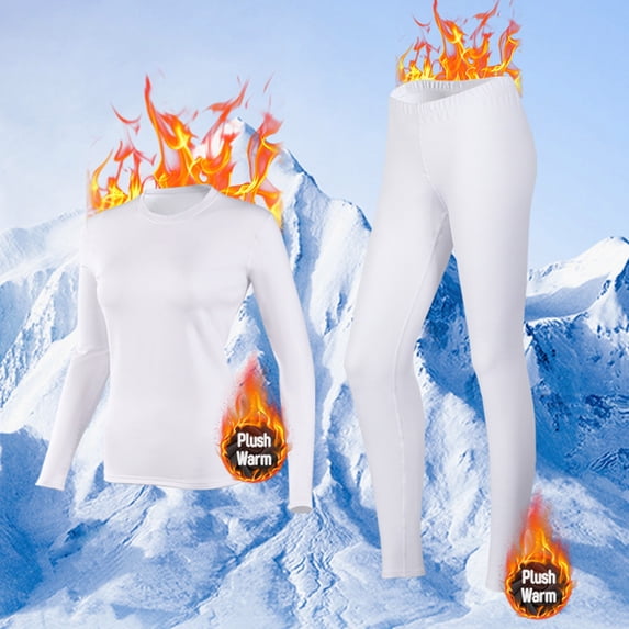 BLTIBY Women Thermal Underwear Set Base Pajamas with Fleece Lined Sets Winter Warm Round Neck Top Pants Bottom Sleepwear White XXL