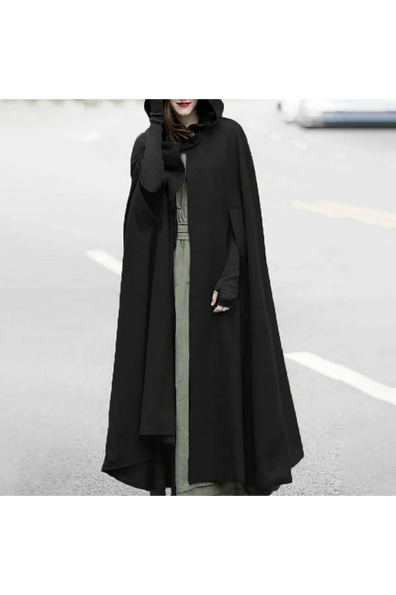 Women Trench Coat Cloak Hooded Autumn Spring Solid Colour Long Open Front Cape Coats Poncho Batwing Cardigan Split Fork Outwear Black L