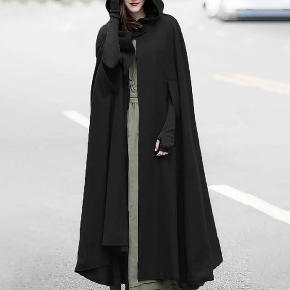 BLTIBY Women Trench Coat Cloak Hooded Autumn Spring Solid Colour Long Open Front Cape Coats Poncho Batwing Cardigan Split Fork Outwear Black XL
