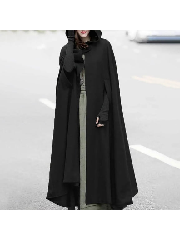 Women Trench Coat Cloak Hooded Autumn Spring Solid Colour Long Open Front Cape Coats Poncho Batwing Cardigan Split Fork Outwear Black XL