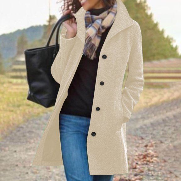 BLTIBY Women Trench Jacket Coat Fall Winter Solid Color Thicked Button Loose Cardigan Overcoat Long Sleeve Top with Pockets Beige S