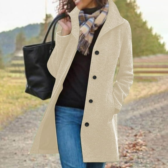 BLTIBY Women Trench Jacket Coat Fall Winter Solid Color Thicked Button Loose Cardigan Overcoat Long Sleeve Top with Pockets Beige XXL