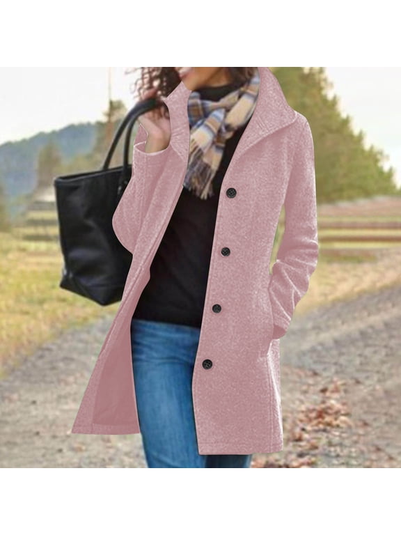 Women Trench Jacket Coat Fall Winter Solid Color Thicked Button Loose Cardigan Overcoat Long Sleeve Top with Pockets Pink XXL