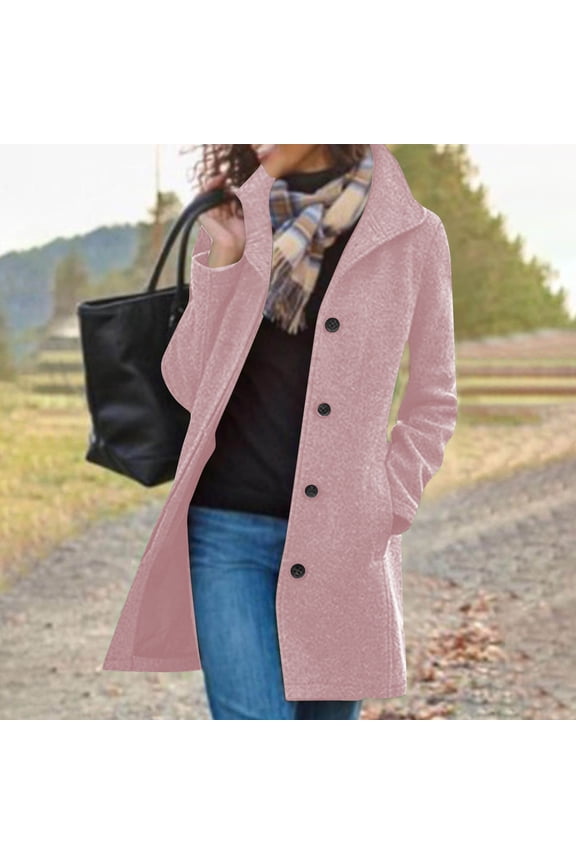 Women Trench Jacket Coat Fall Winter Solid Color Thicked Button Loose Cardigan Overcoat Long Sleeve Top with Pockets Pink XXL