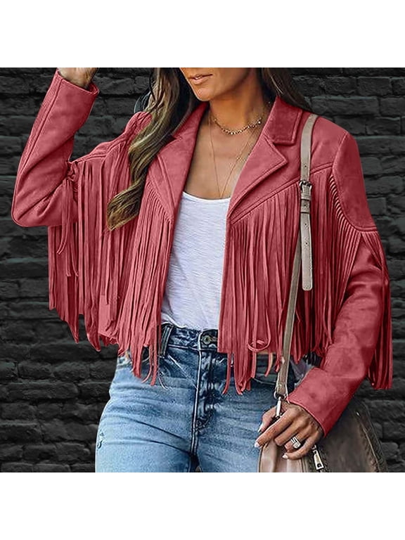 Women Trendy Tassel Cardigan Coat Fringe Faux Suede Leather Cowboy Style Jackets Lapel Cropped Outwear Red 2 XL