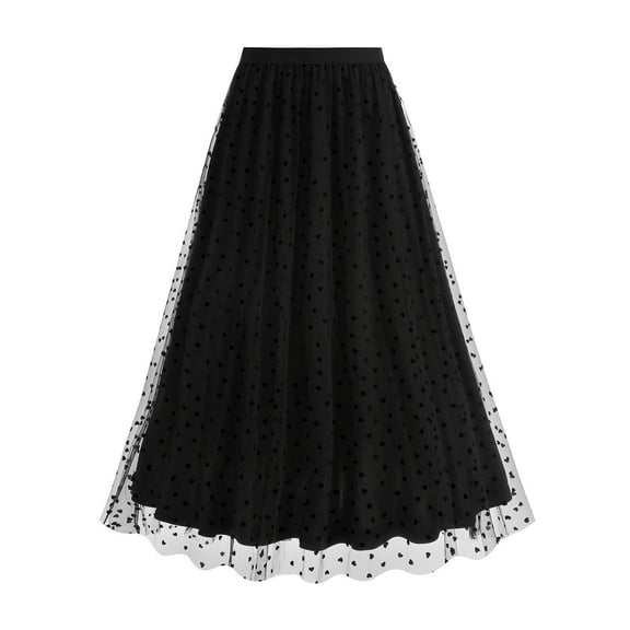 BLTIBY Women Tulle Midi Skirt High Waist Elastic Waist 3D Polka Dot Mesh Skirt A-Line Layered Bubble Skirt Graduation Dress Black XL