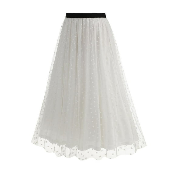 BLTIBY Women Tulle Midi Skirt High Waist Elastic Waist 3D Polka Dot Mesh Skirt A-Line Layered Bubble Skirt Graduation Dress White L
