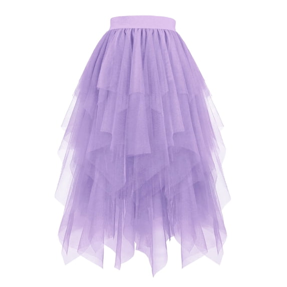 BLTIBY Women Tulle Skirt High Low Asymmetrical Midi Length Elastic Waist Tutu Mesh Layered Puffy Fairy Skirts Costume Purple S