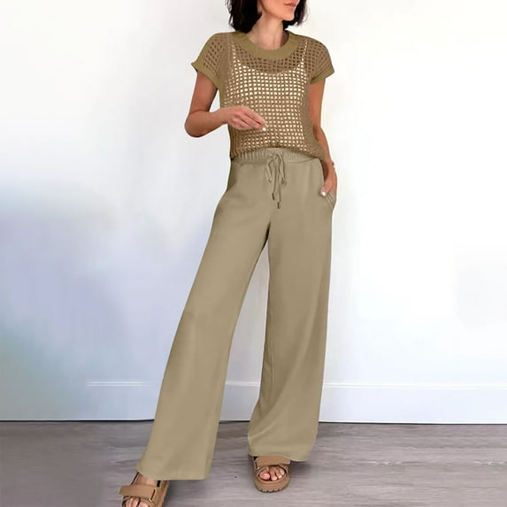 BLTIBY Women Two Piece Outfits Crochet Hollow Out Sheer Knit Sweater Top Drawstring Wide Leg Pants with Pockets Lounge Matching Sets Sweatsuit Travel Clothes Coffee S