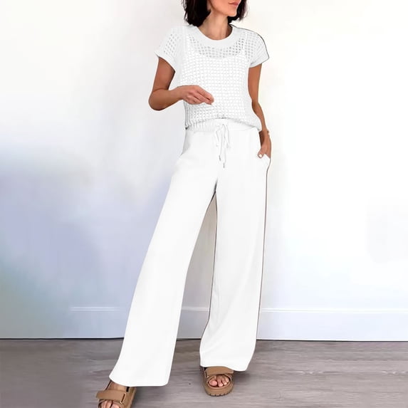BLTIBY Women Two Piece Outfits Crochet Hollow Out Sheer Knit Sweater Top Drawstring Wide Leg Pants with Pockets Lounge Matching Sets Sweatsuit Travel Clothes White XXL