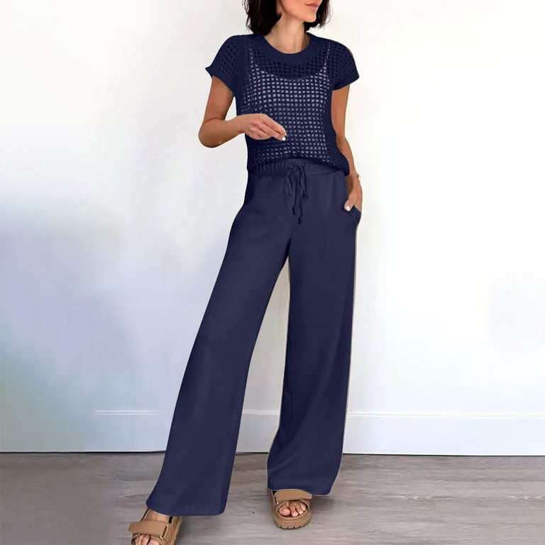 BLTIBY Women Two Piece Outfits Crochet Hollow Out Sheer Knit Sweater Top  Drawstring Wide Leg Pants with Pockets Lounge Matching Sets Sweatsuit  Travel