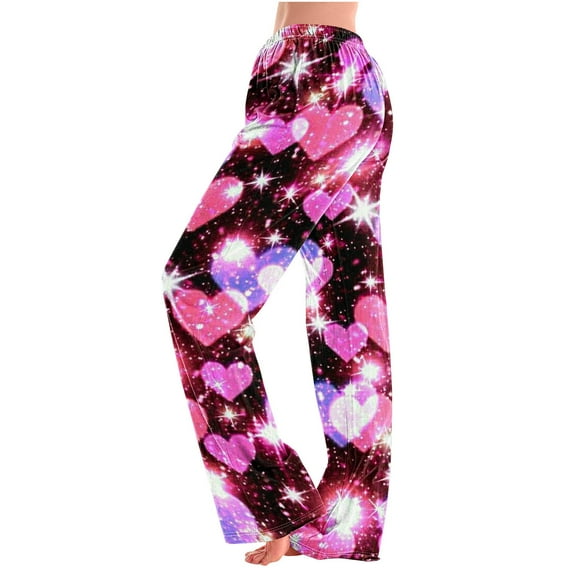 BLTIBY Women Valentine's Day Pajama Pant Autumn Spring Love Printed Comfy Lounge Wide Leg Fashion Casual Stretch Palazzo Pj Bottoms Trousers with Pockets 2025 Pink 3 XL