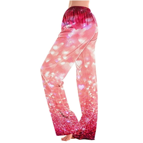BLTIBY Women Valentine's Day Pajama Pant Autumn Spring Love Printed Comfy Lounge Wide Leg Fashion Casual Stretch Palazzo Pj Bottoms Trousers with Pockets 2025 Pink L