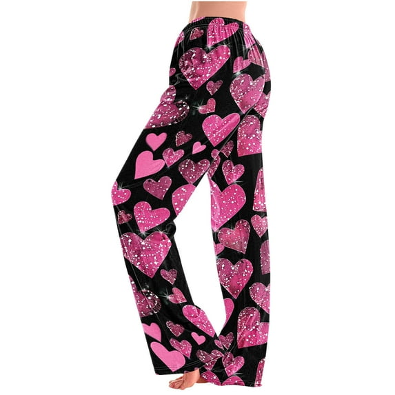 BLTIBY Women Valentine's Day Pajama Pant Fall Spring Love Printed Comfy Lounge Wide Leg Casual Stretch Palazzo Pj Bottoms Pants with Pockets Hot Pink 4 XXL