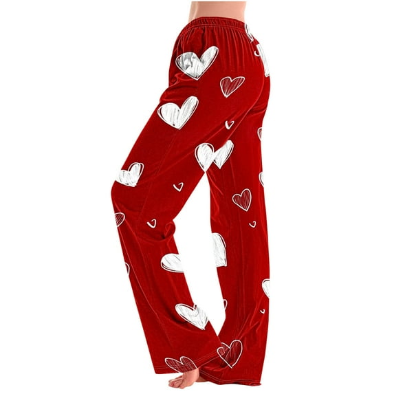 BLTIBY Women Valentine's Day Pajama Pant Spring Autumn Love Printed Comfy Lounge Wide Leg Fashion Casual Stretch Palazzo Pj Bottoms Trousers with Pockets 2025 Red L