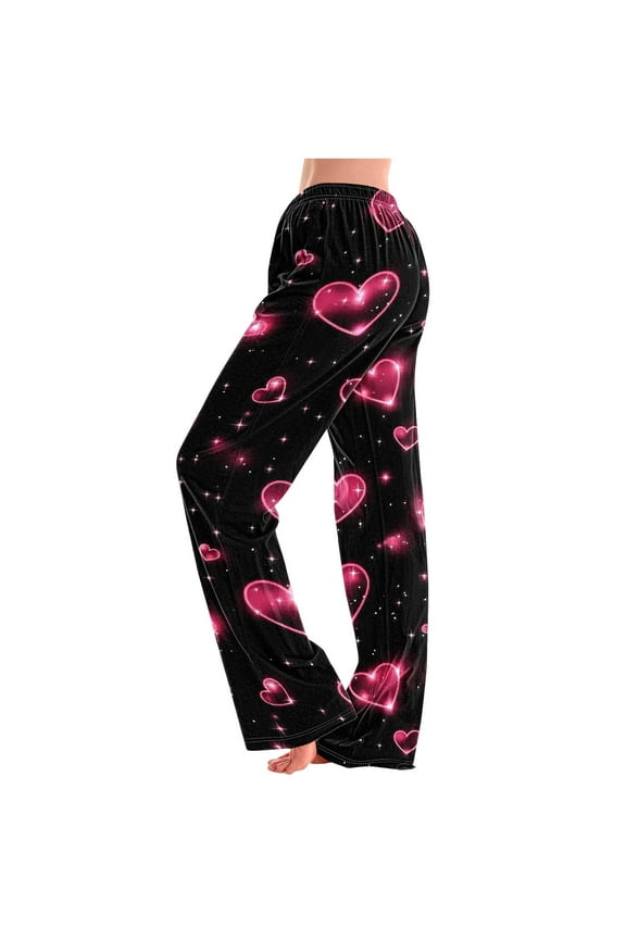 Women Valentine's Day Pajama Pant Spring Fall Love Printed Comfy Lounge Wide Leg Fashion Casual Stretch Palazzo Pj Bottoms Trousers with Pockets Black 4XL